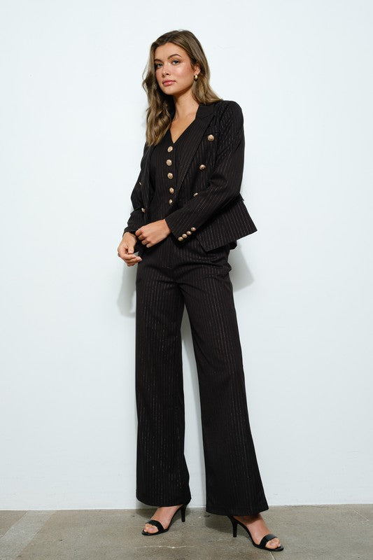 Long Sleeve Pinstripe Gold Button Double Blazer