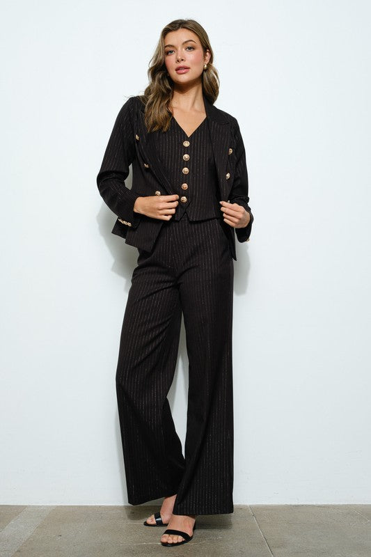 Long Sleeve Pinstripe Gold Button Double Blazer