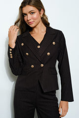 Long Sleeve Pinstripe Gold Button Double Blazer