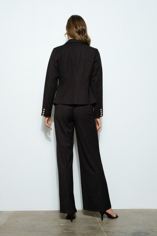 Long Sleeve Pinstripe Gold Button Double Blazer