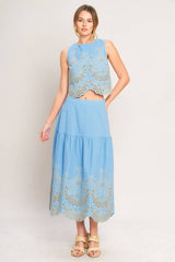 Blue Eyelet Midi Skirt