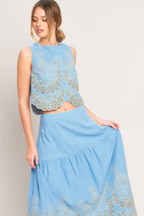 Blue Eyelet Midi Skirt
