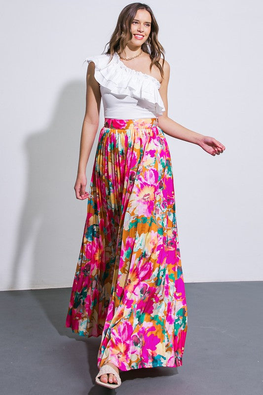 Satin Effect Floral Wide Leg Pant