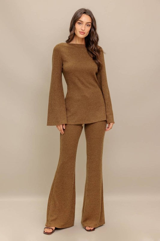 Caramel Brown Knit Flare Pants