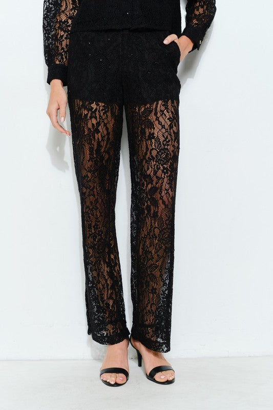 High Waist Sheer Lace Wide-Leg Pants