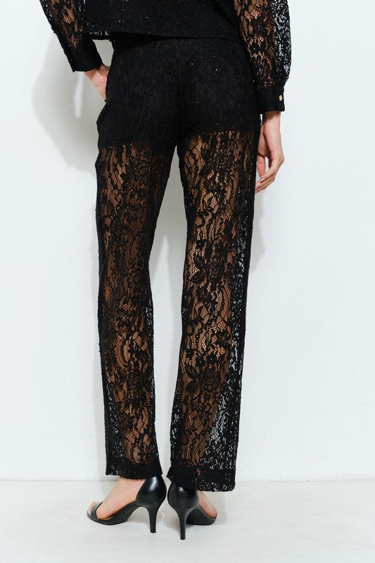 High Waist Sheer Lace Wide-Leg Pants