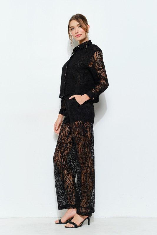 High Waist Sheer Lace Wide-Leg Pants