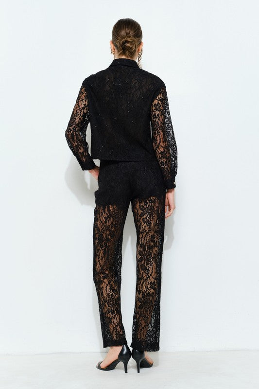 High Waist Sheer Lace Wide-Leg Pants