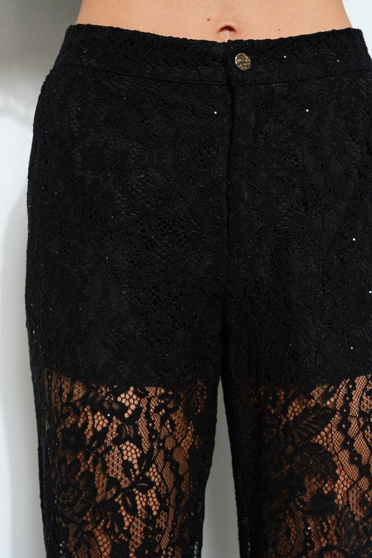 High Waist Sheer Lace Wide-Leg Pants