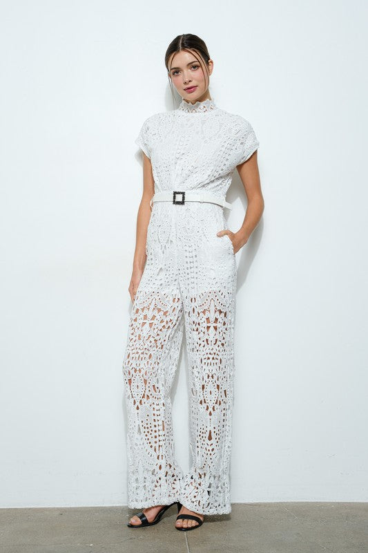High Neckline White Lace Jumpsuit