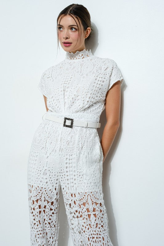 High Neckline White Lace Jumpsuit