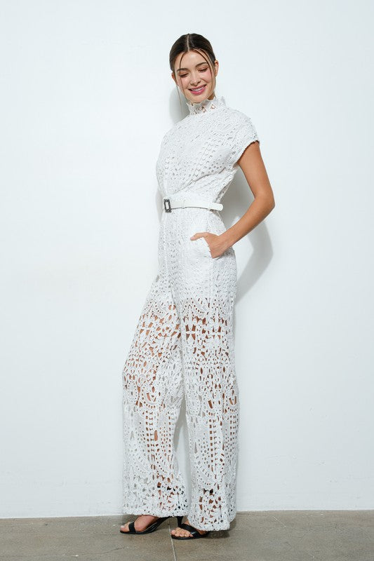 High Neckline White Lace Jumpsuit