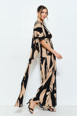 Abstract Draped Scarf-Neck Wide Leg Jumpsuit