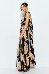 Abstract Draped Scarf-Neck Wide Leg Jumpsuit