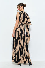 Abstract Draped Scarf-Neck Wide Leg Jumpsuit