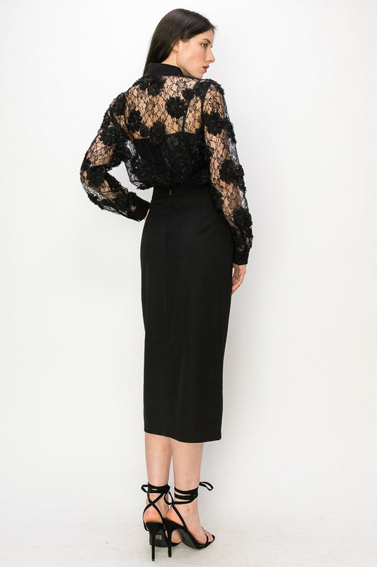 Rhinestone Belt Midi Skirt (Black, White)