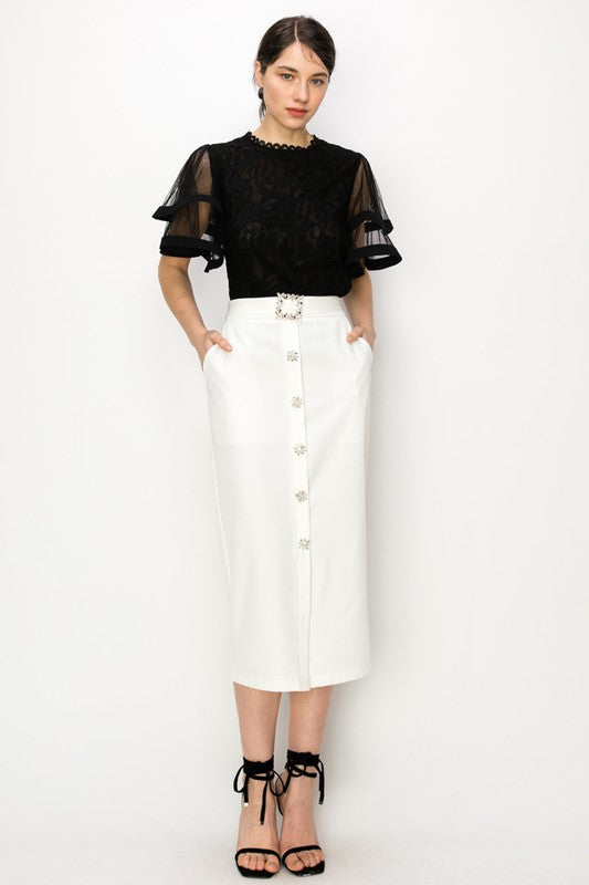 Rhinestone Belt Midi Skirt (Black, White)