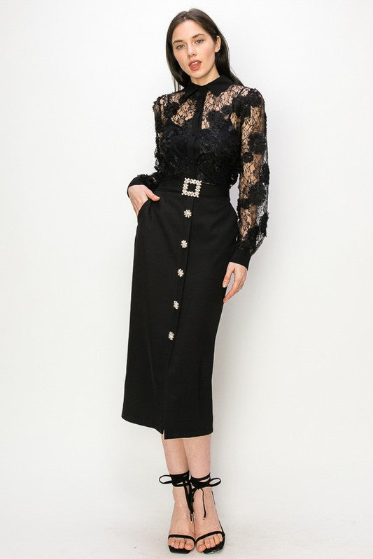 Rhinestone Belt Midi Skirt (Black, White)