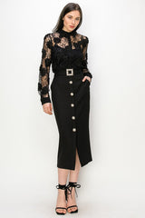 Rhinestone Belt Midi Skirt (Black, White)