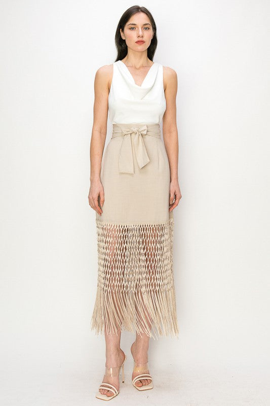 Fringe Hem Midi Skirt