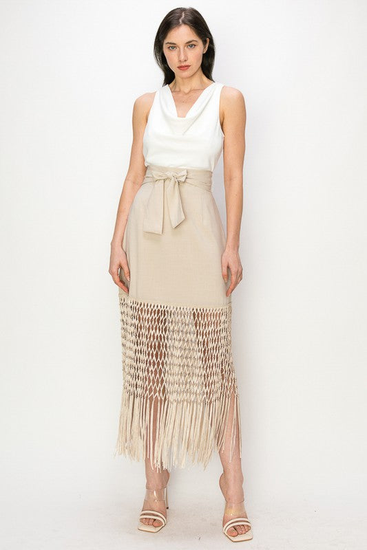 Fringe Hem Midi Skirt