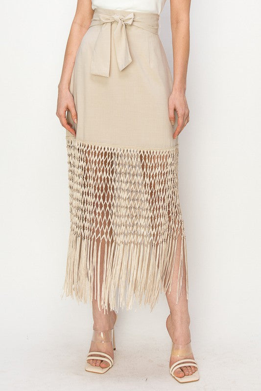 Fringe Hem Midi Skirt