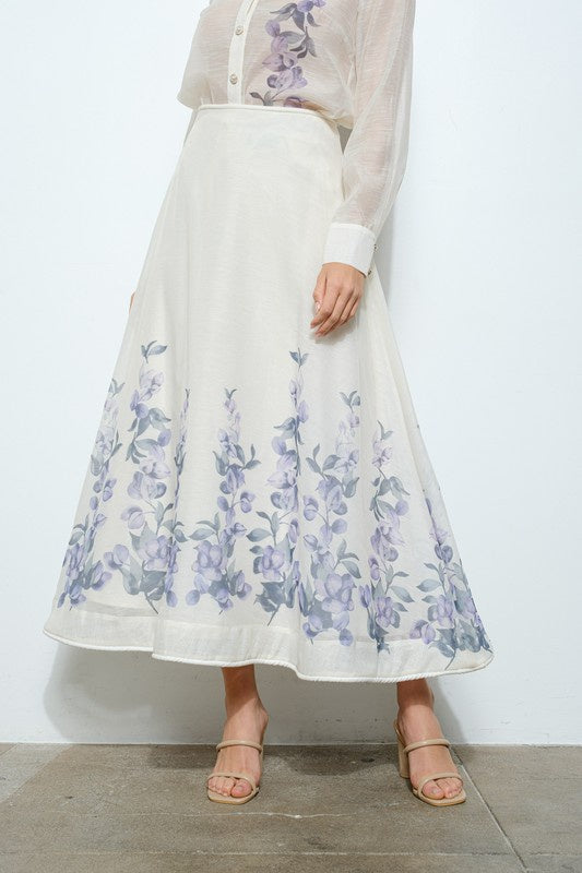 High Waist Purple Floral Print Flared Maxi Skirt