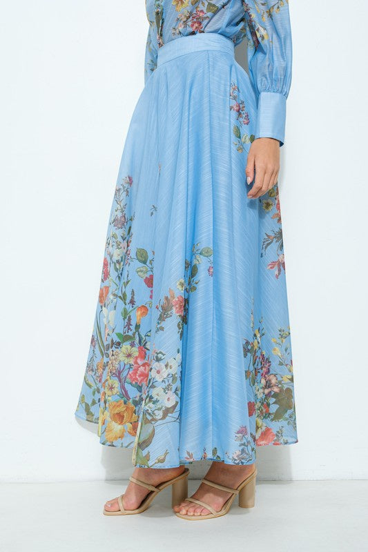 High Waist Floral Print Flared Maxi Skirt
