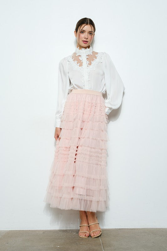 Pink Tulle Midi Skirt