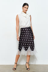 Polka Dot Satin Lace Trim Midi Skirt