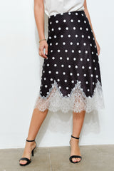 Polka Dot Satin Lace Trim Midi Skirt