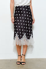 Polka Dot Satin Lace Trim Midi Skirt