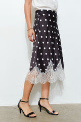 Polka Dot Satin Lace Trim Midi Skirt