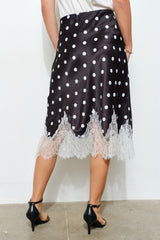 Polka Dot Satin Lace Trim Midi Skirt