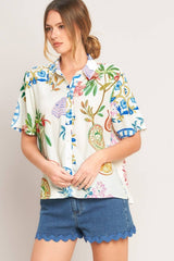 Chic Floral & Coastal Short Sleeve Top
