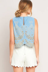 Embroidered Scalloped Hem Sleeveless Blouse