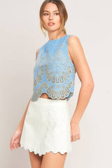 Embroidered Scalloped Hem Sleeveless Blouse