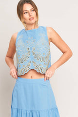 Embroidered Scalloped Hem Sleeveless Blouse