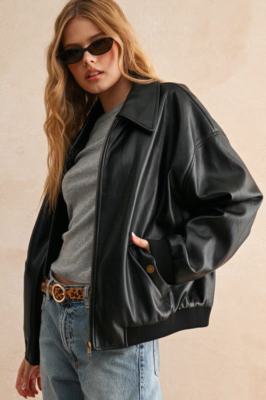 Oversized Faux Leather Bomber Jacket