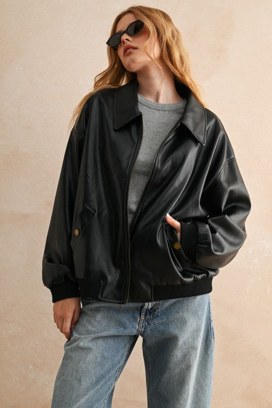 Oversized Faux Leather Bomber Jacket
