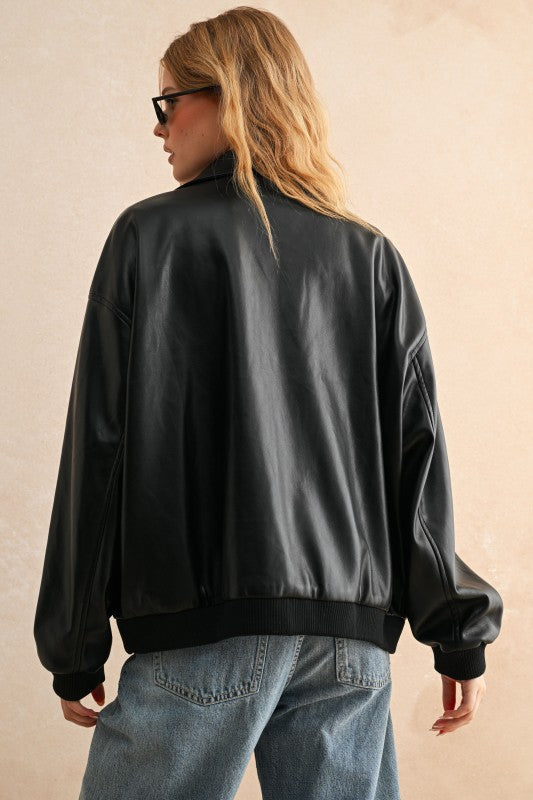 Oversized Faux Leather Bomber Jacket