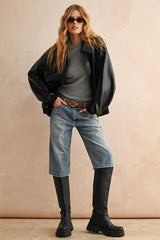 Oversized Faux Leather Bomber Jacket