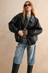 Oversized Faux Leather Bomber Jacket