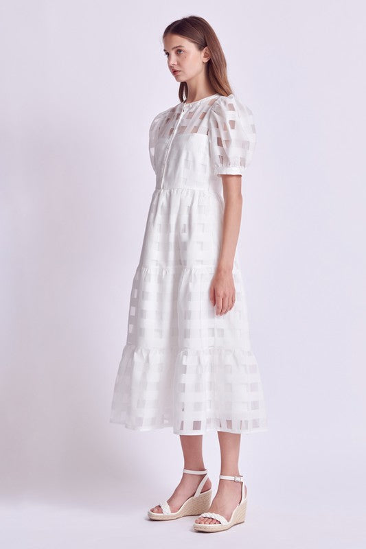 Check Puff Sleeve Midi Dress