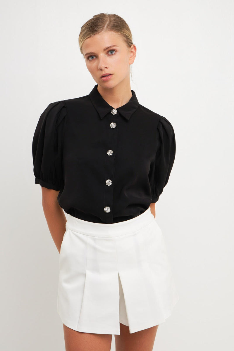 Jeweled Puff Sleeve Top (White, Black)
