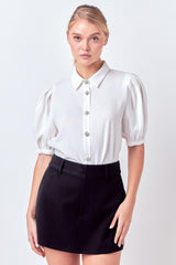 Jeweled Puff Sleeve Top (White, Black)