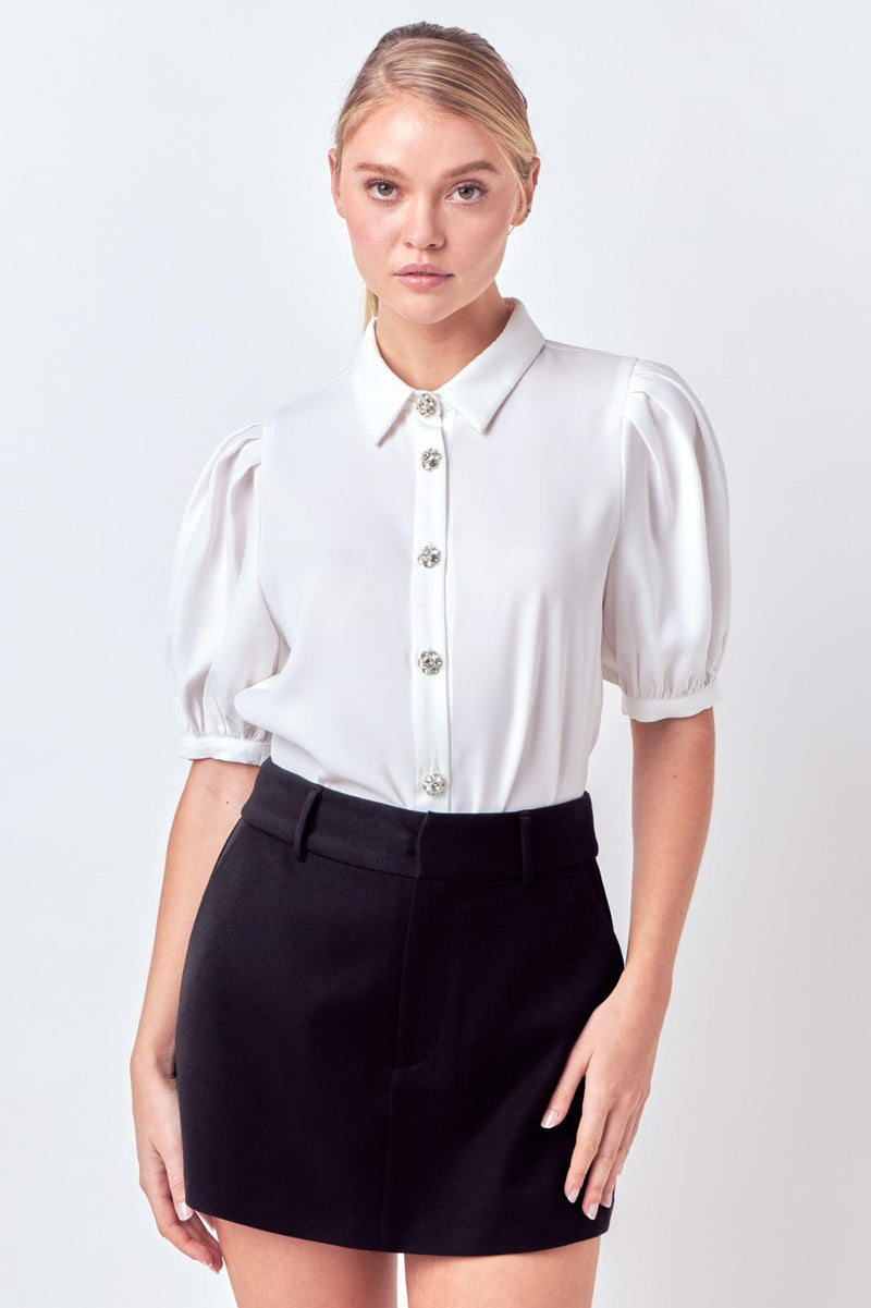 Jeweled Puff Sleeve Top (White, Black)