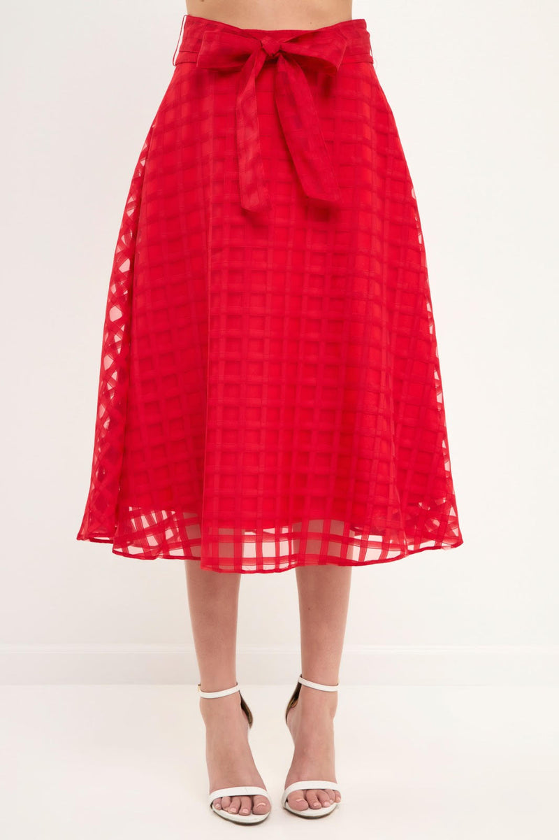Plaid Organza Fit & Flare Midi Skirt (Red, Black)