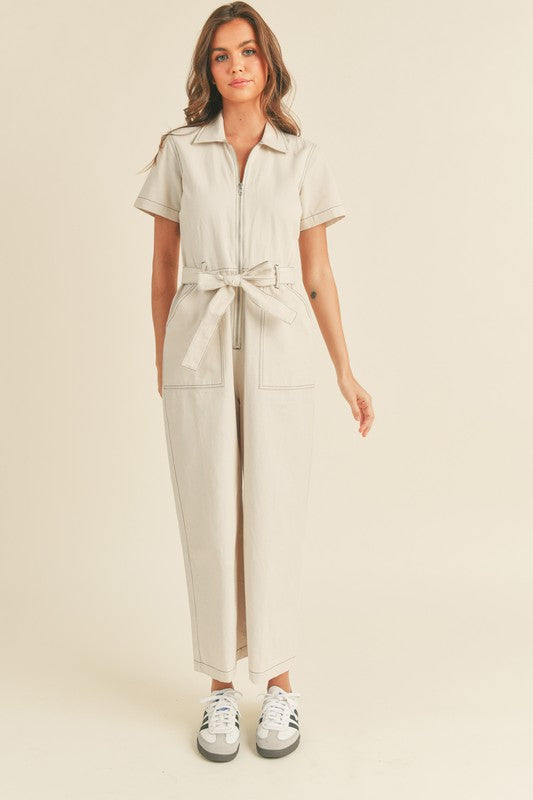 Zipper Front Belted Jumpsuit