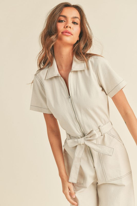 Zipper Front Belted Jumpsuit